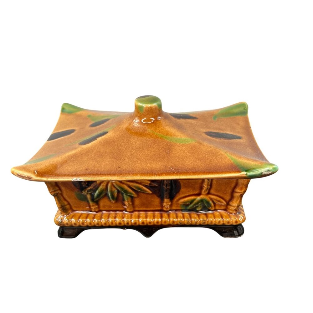 1960s MCM Ceramic Bamboo Style Ashtray Set of 3 with holder Lidded Made in Japan